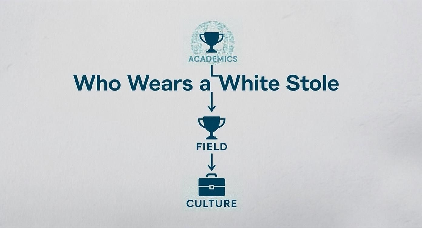 A diagram titled 'Who Wears a White Stole' with icons for academics, field, and culture.