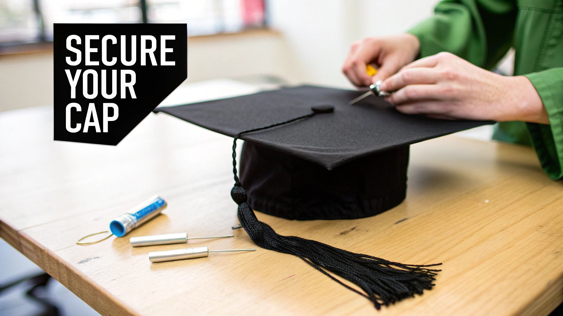 A person's hands securing a black graduation cap with a tassel on a wooden table, next to tools. Text says 'SECURE YOUR CAP'.