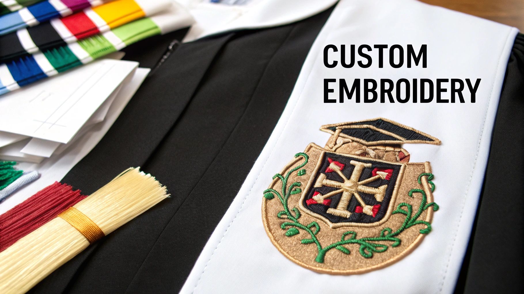 Academic gown with custom embroidered crest on a white stole, surrounded by thread samples.