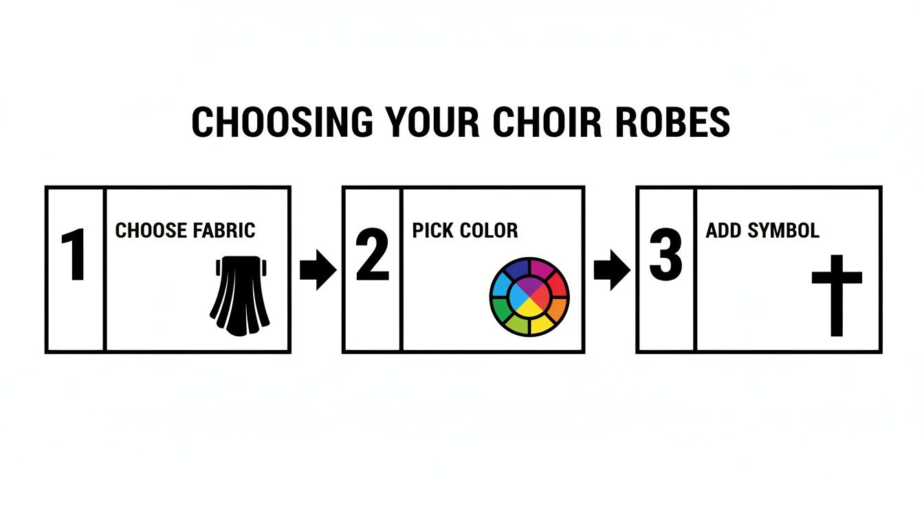 Visual guide showing three steps to customize choir robes: choose fabric, pick color, and add a symbol.