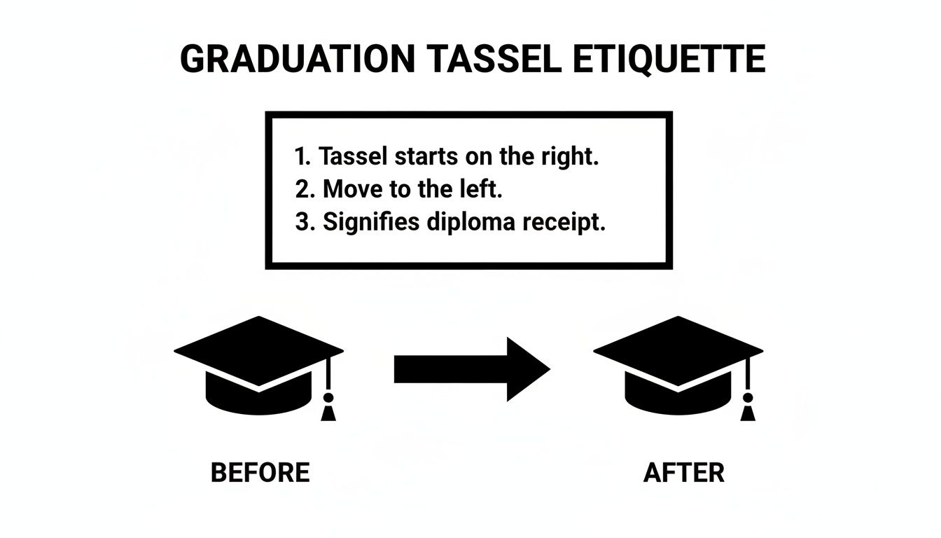 Diagram showing graduation tassel etiquette, starting right and moving to the left after diploma.