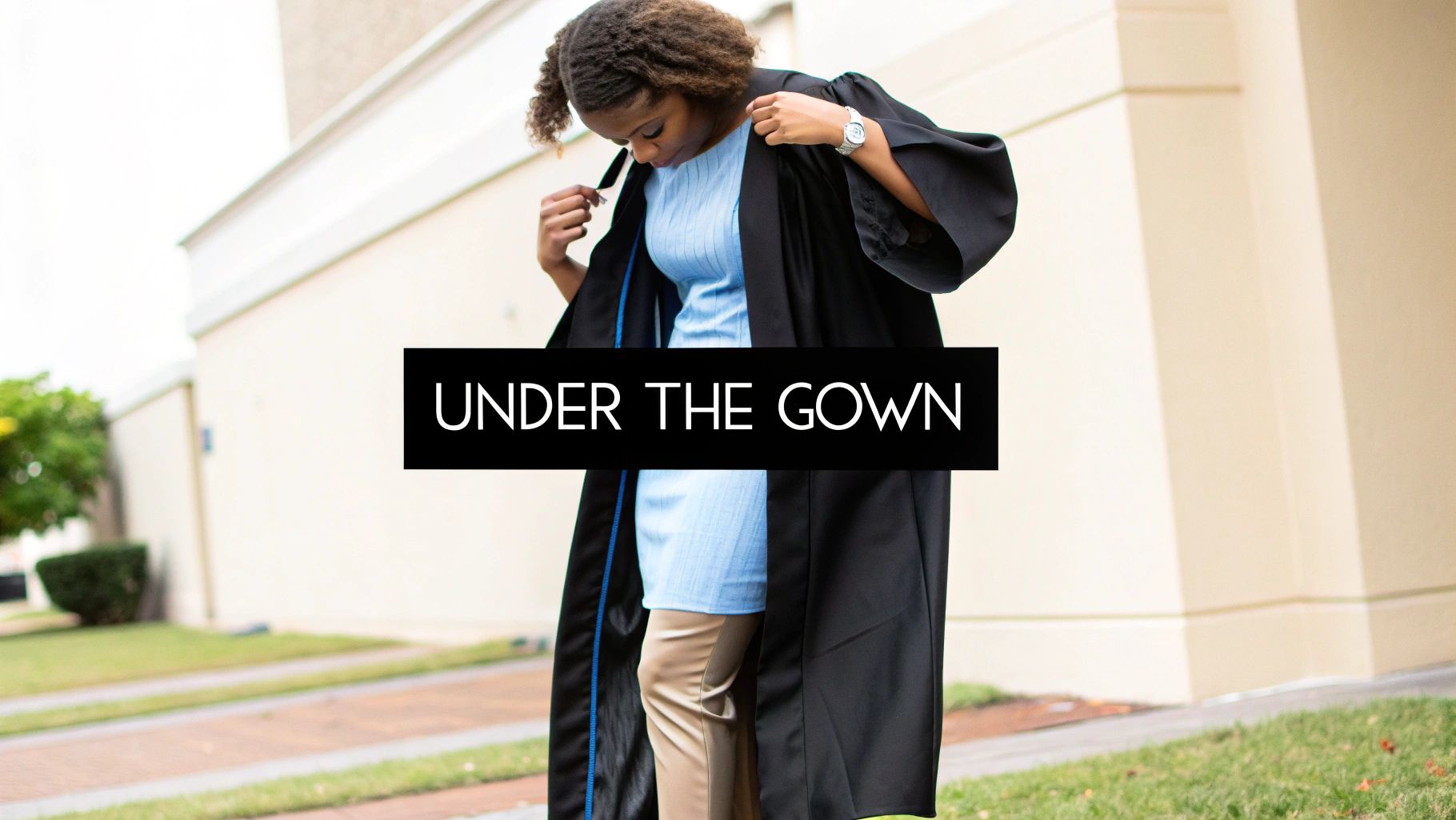 A graduate smiling in their cap and gown, with a stylish outfit visible underneath.