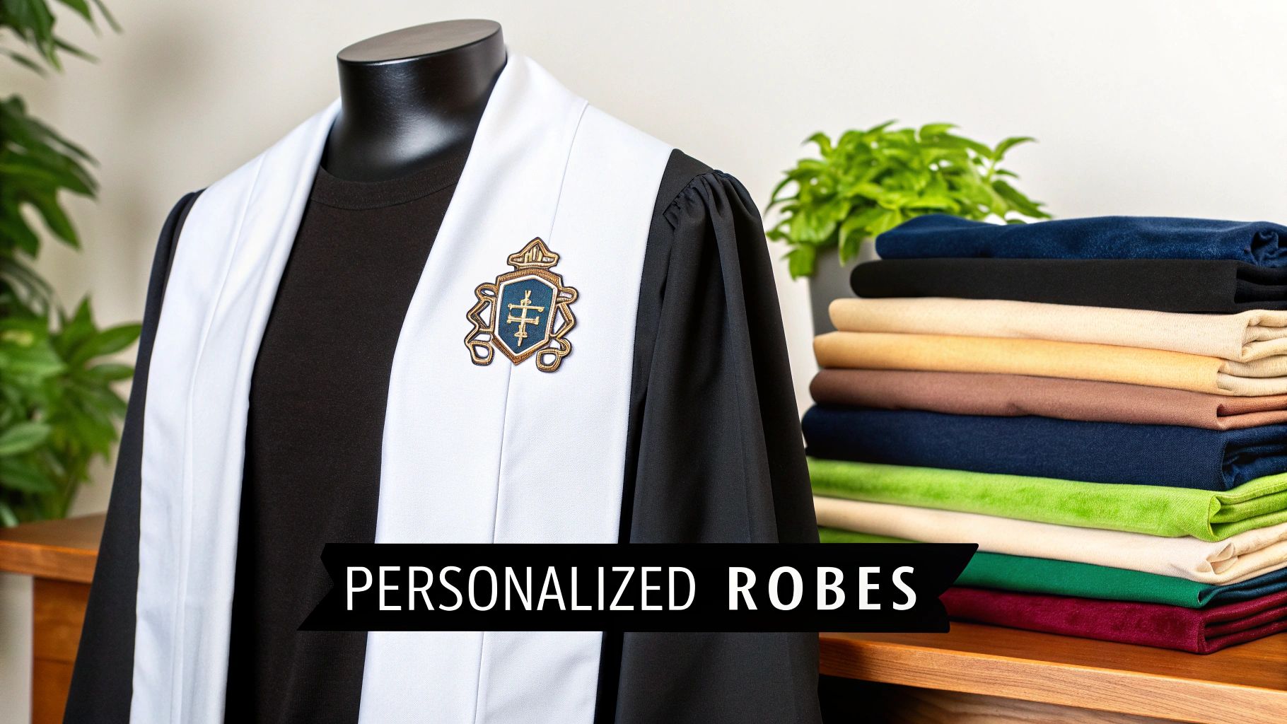 A black robe with a white stole, adorned with an embroidered crest, displayed next to colorful fabric swatches.