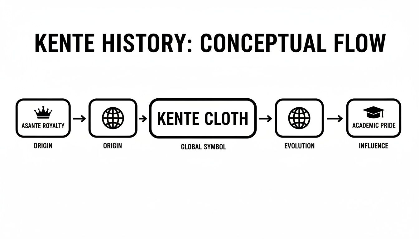 A conceptual flow diagram illustrating Kente cloth's history, from Asante royalty origins to its global symbol status and academic influence.