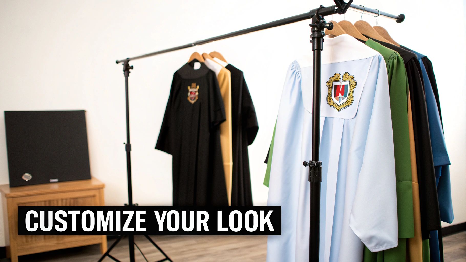 A rack displaying various colorful choir robes and academic regalia, some with embroidered emblems.