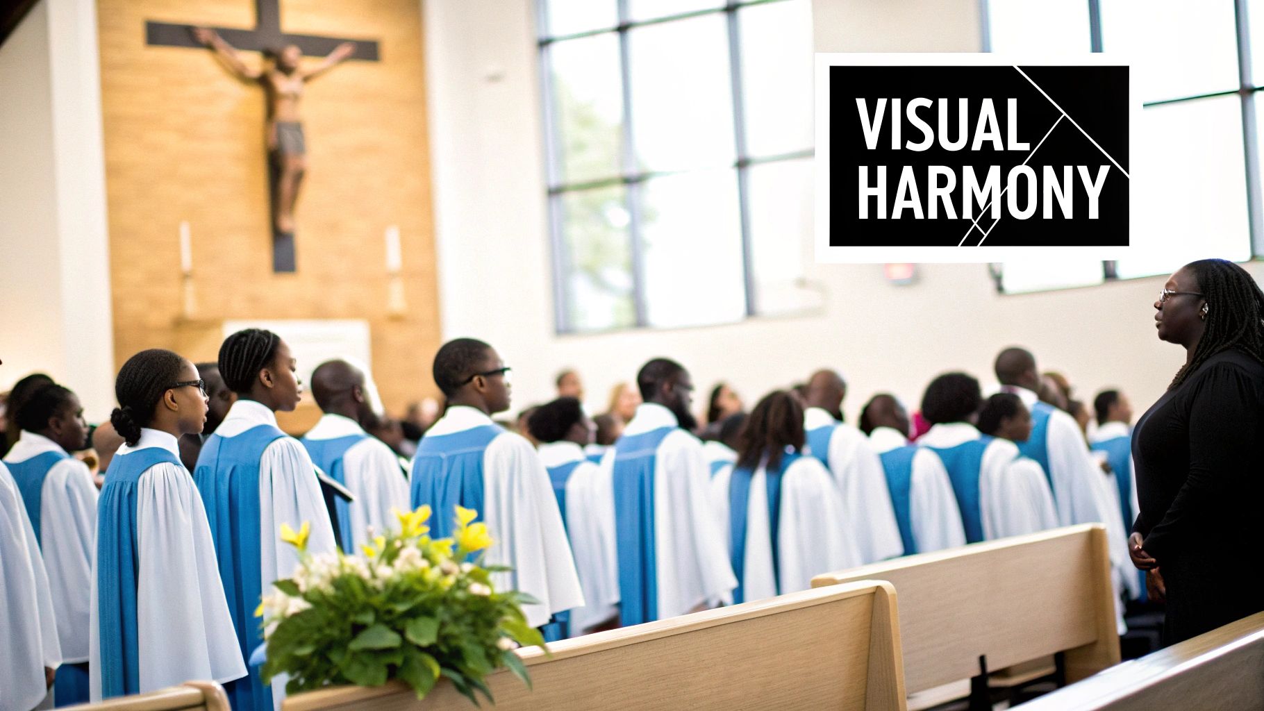 A diverse church choir in blue and white robes stands in a church, led by a woman.