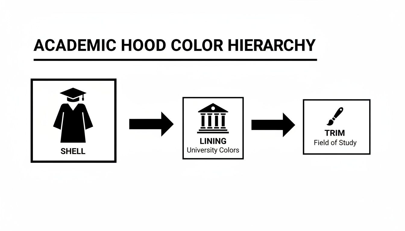 A diagram illustrating the academic hood color hierarchy, showing Shell, Lining (University Colors), and Trim (Field of Study).