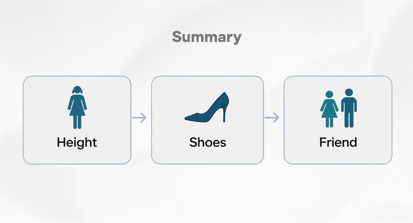 Infographic showing relationship between woman's height, high heel shoes, and finding a compatible friend