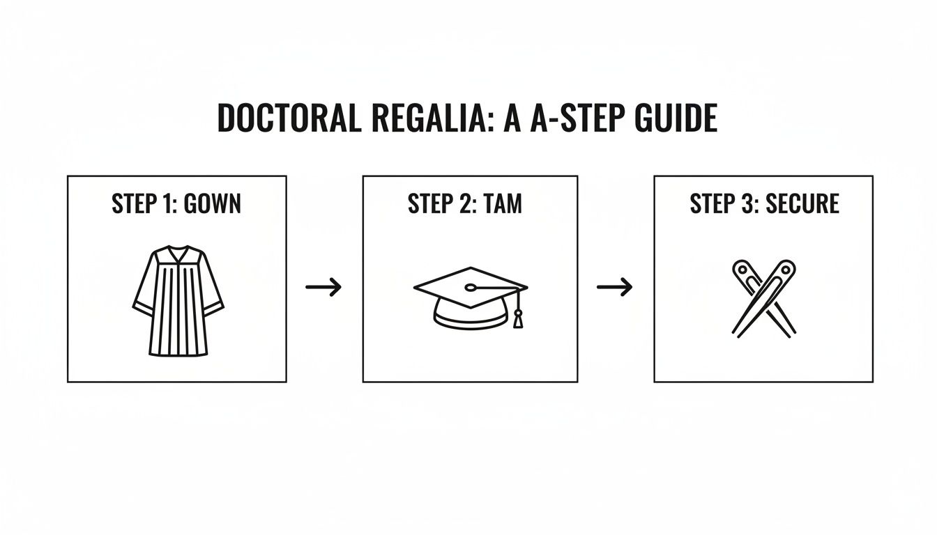 A three-step guide illustrating how to wear doctoral regalia, showing gown, tam, and securing accessories.