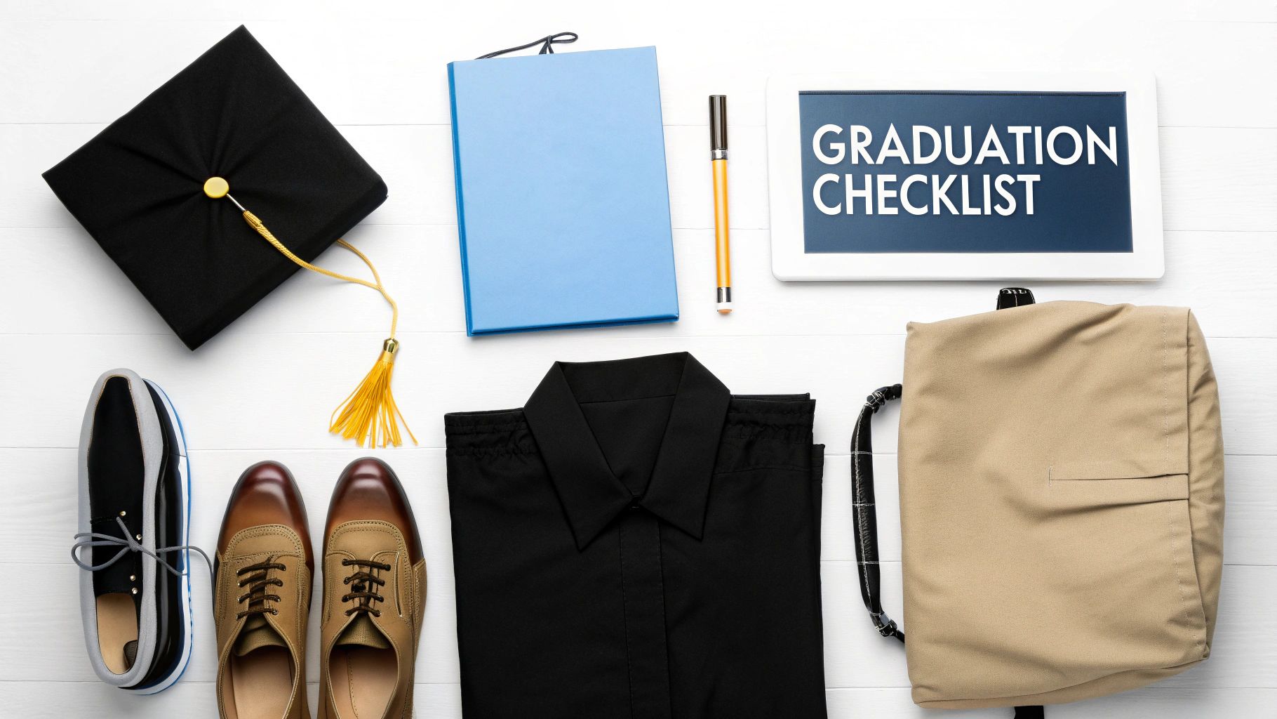A flat lay of graduation essentials, including cap, black shirt, shoes, notebook, and a tablet showing 'Graduation Checklist'.