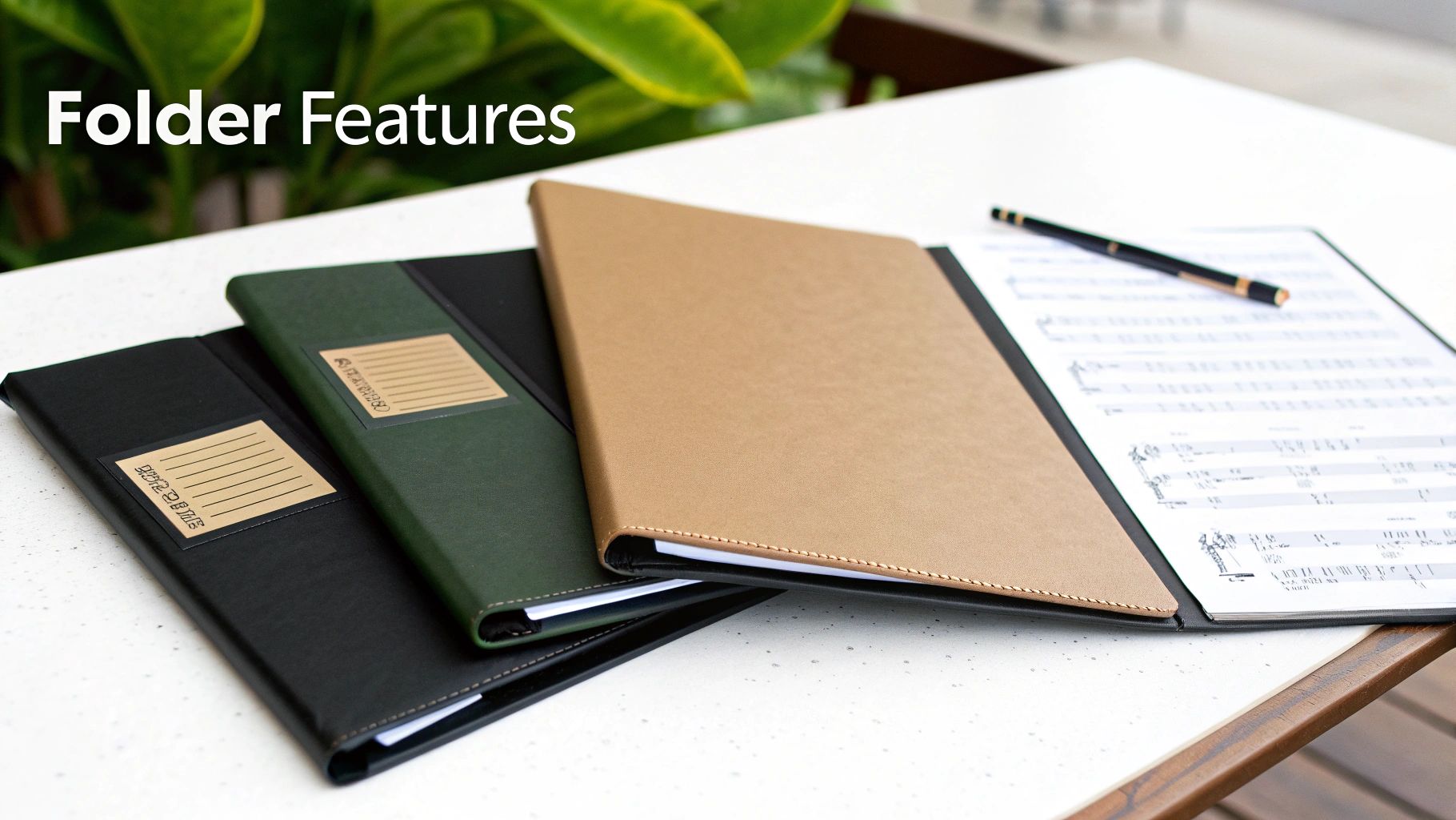 Three choir music folders in black, green, and tan, one open with sheet music and a pen.