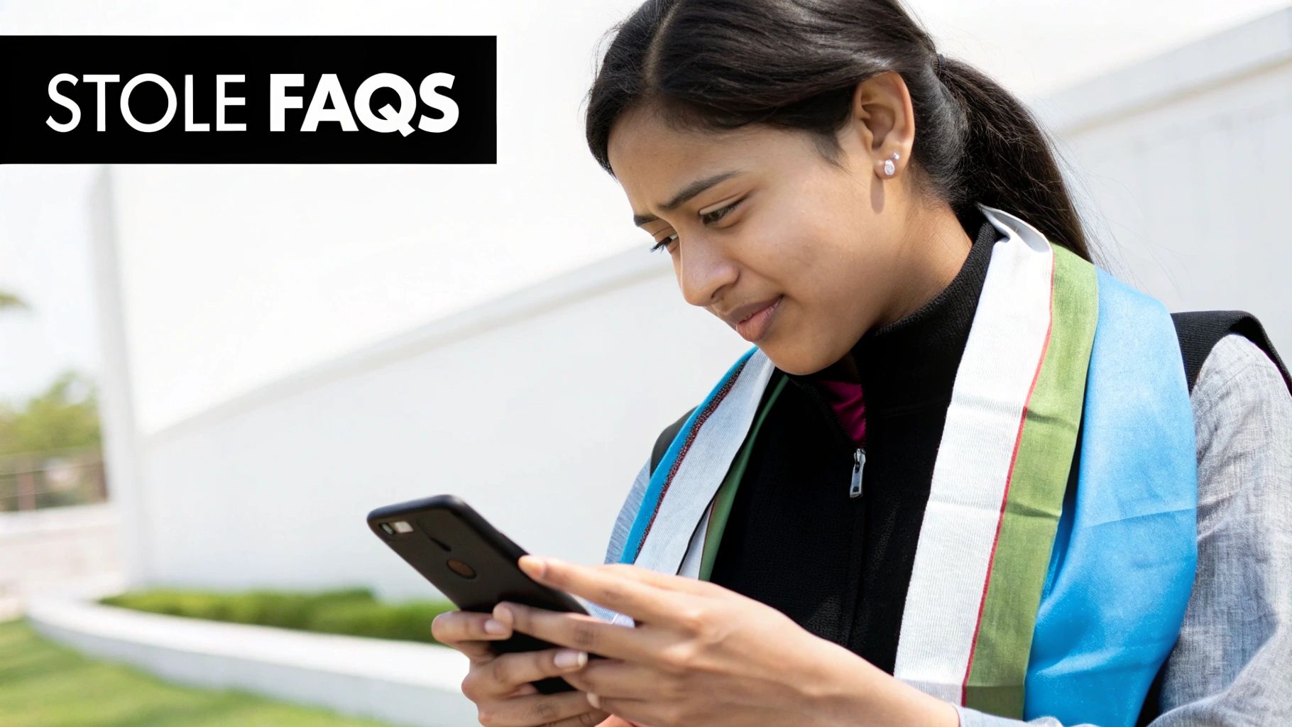 Young woman wearing a colorful stole and black jacket, focused on her mobile phone.