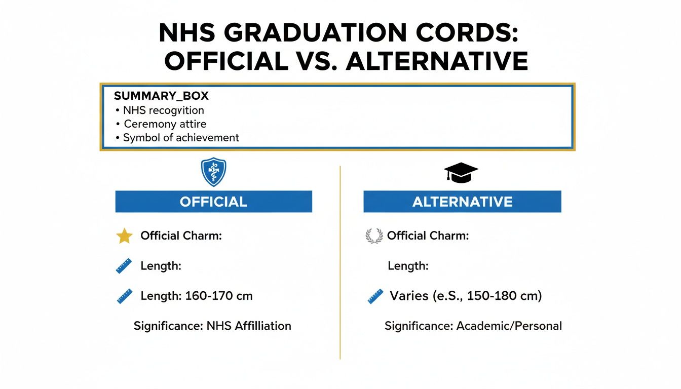 A detailed comparison of official and alternative NHS graduation cords, highlighting their charms, lengths, and significance.