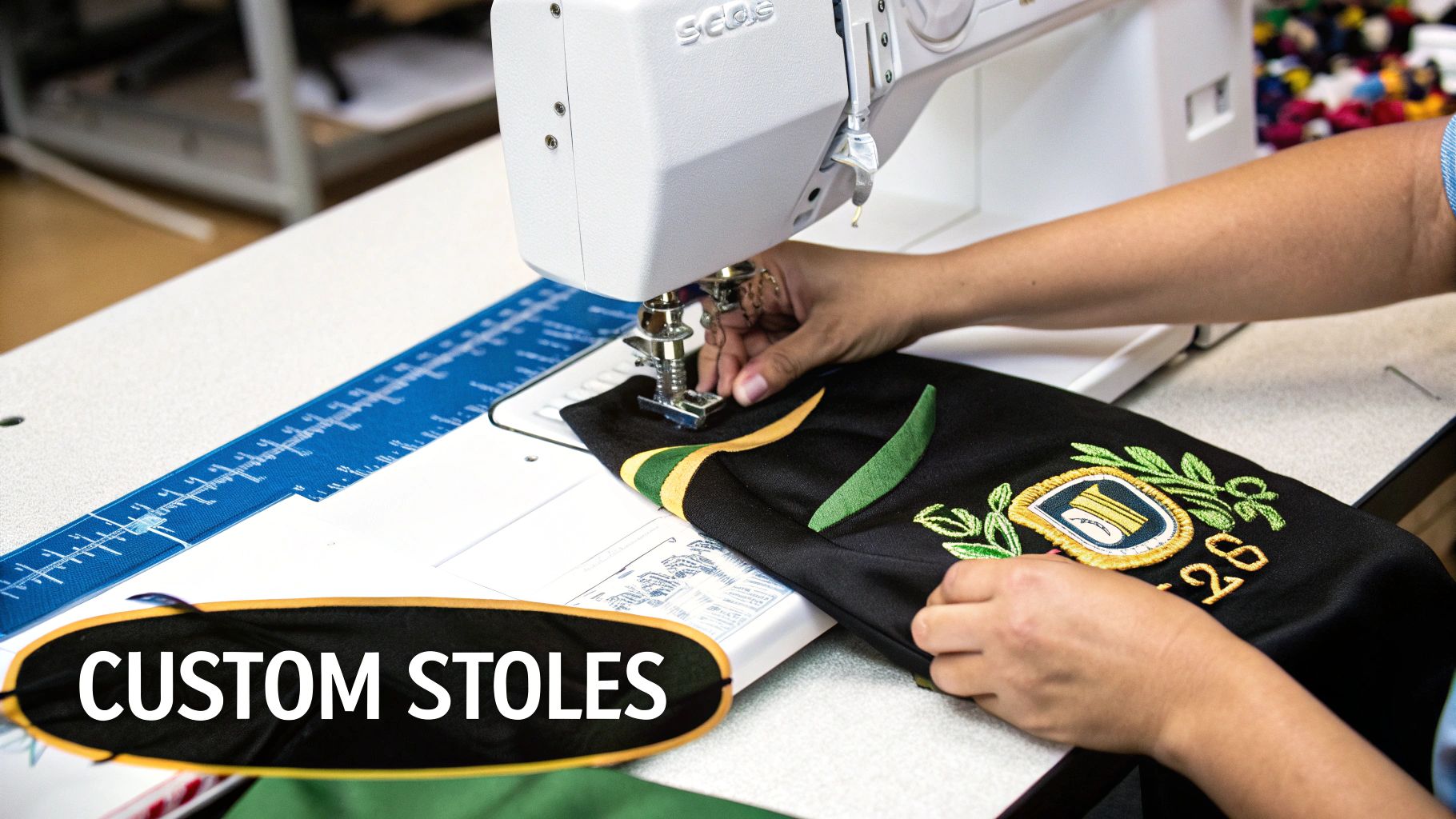 Close-up of hands sewing a custom black graduation stole with gold and green embroidery on a machine.
