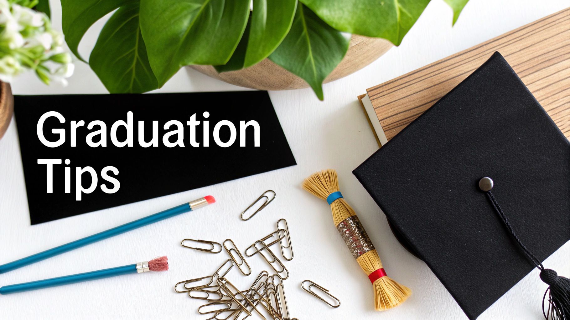 Flat lay of a graduation cap, a book, stationery, and a sign with 'Graduation Tips' text.