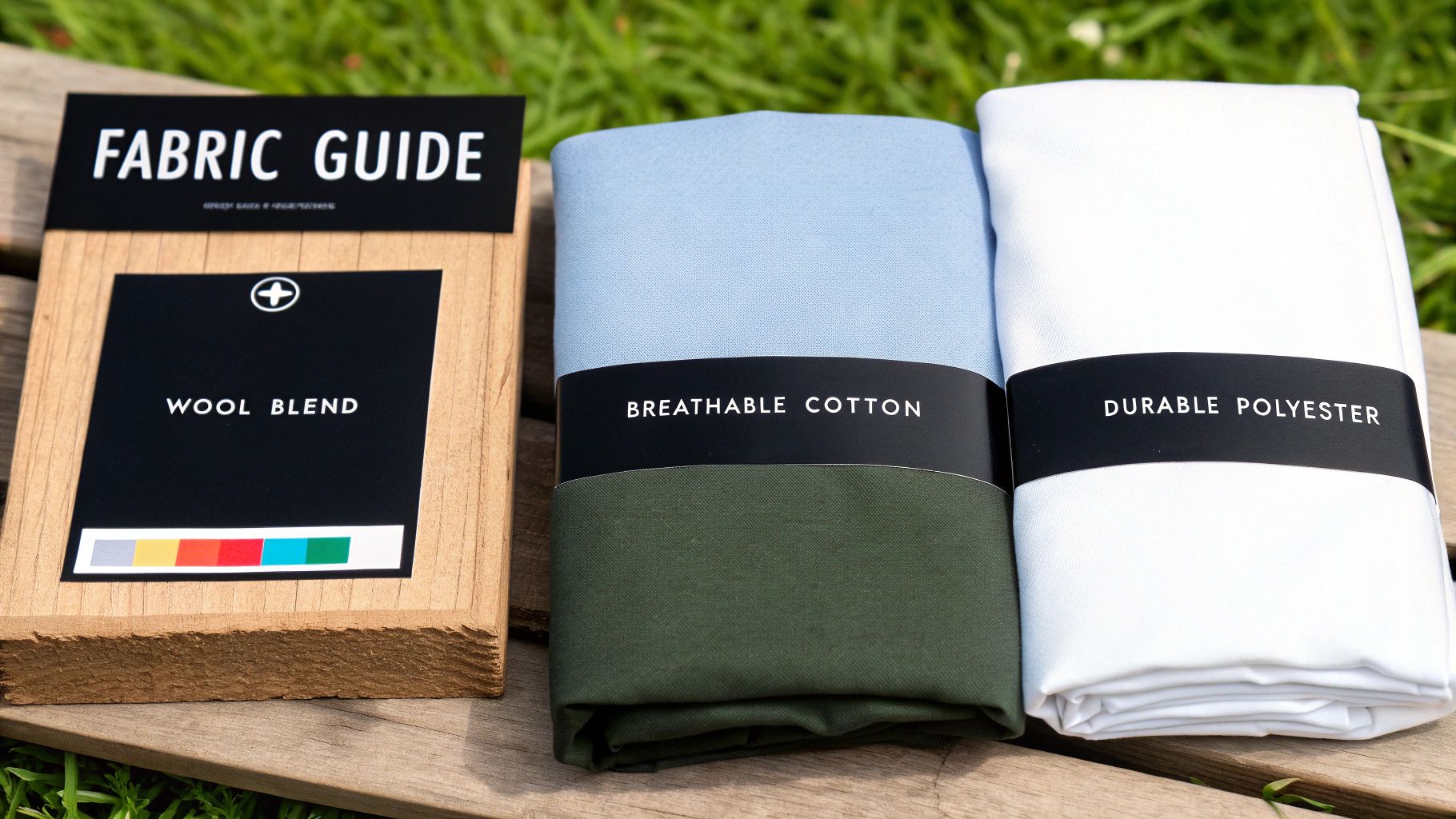 A fabric guide with samples of wool blend, breathable cotton, and durable polyester displayed on wood.