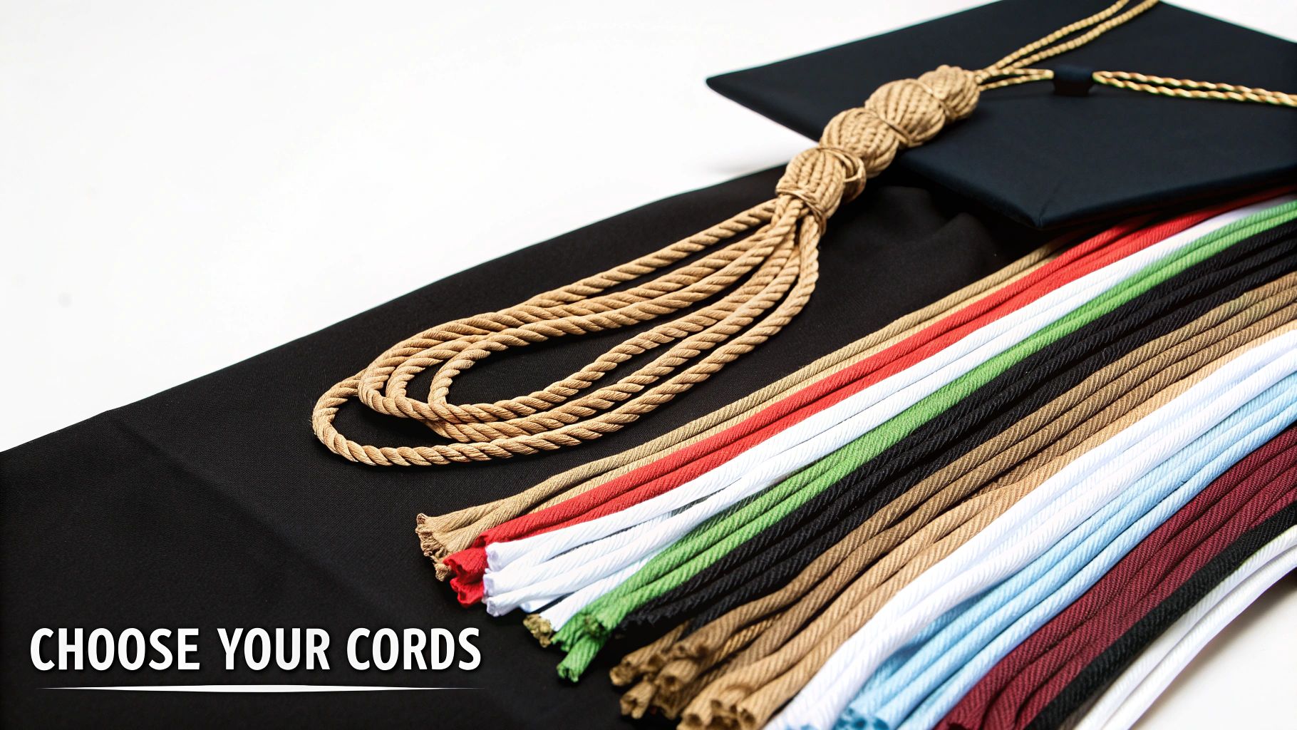 A collection of colorful honor cords next to a black graduation cap and gown, with a prominent gold cord.