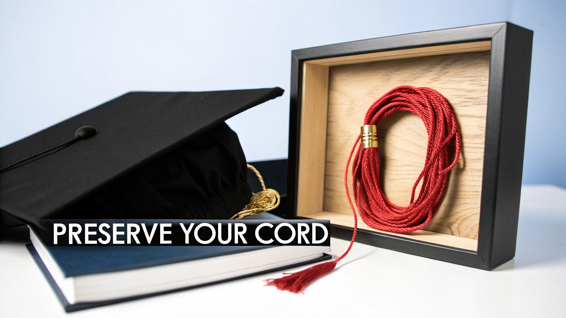 A black graduation cap, a book, and a red honor cord displayed in a shadow box with 'PRESERVE YOUR CORD' text.