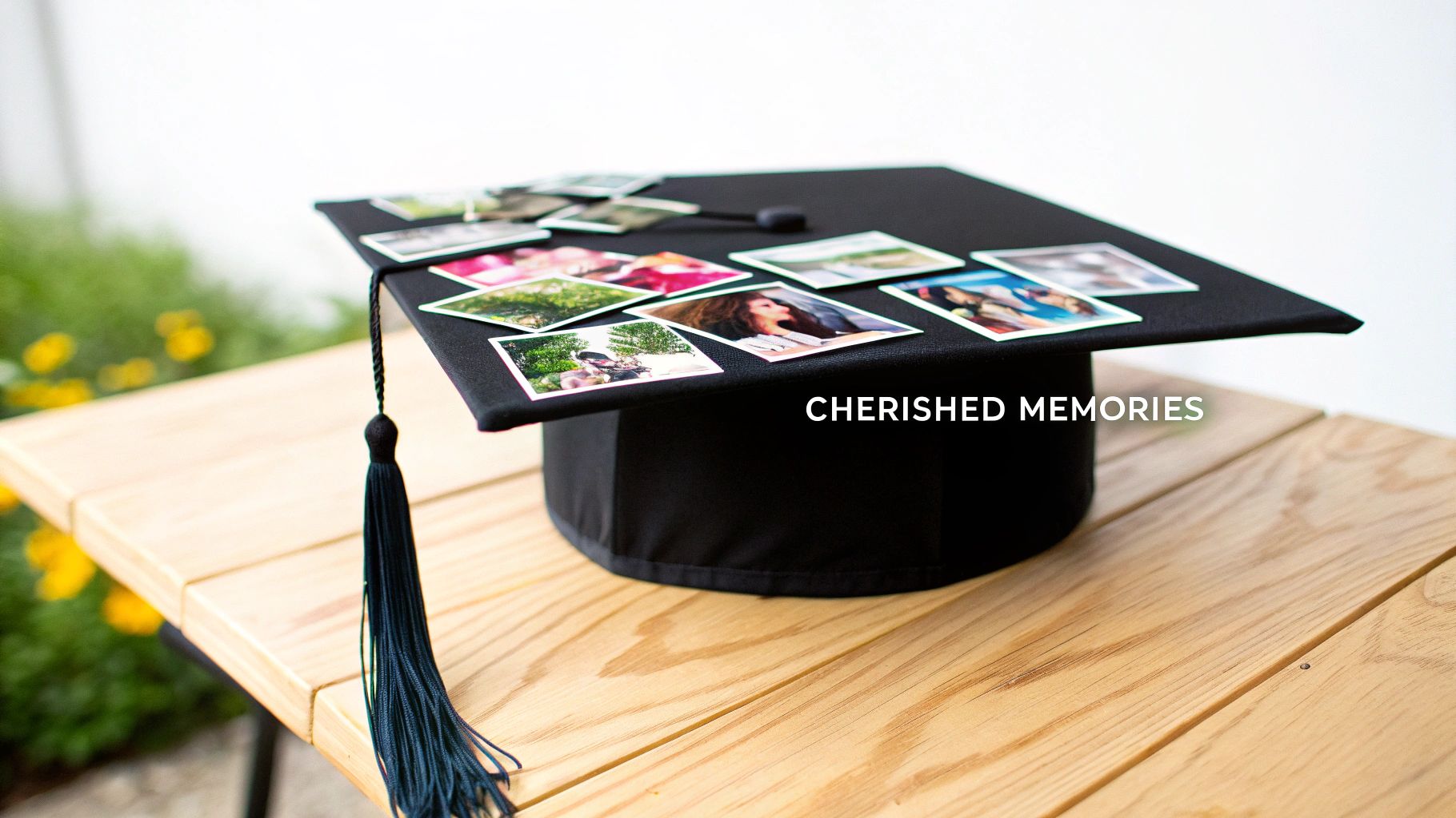 A black graduation cap adorned with various small photos and a dark blue tassel sits on a wooden table.