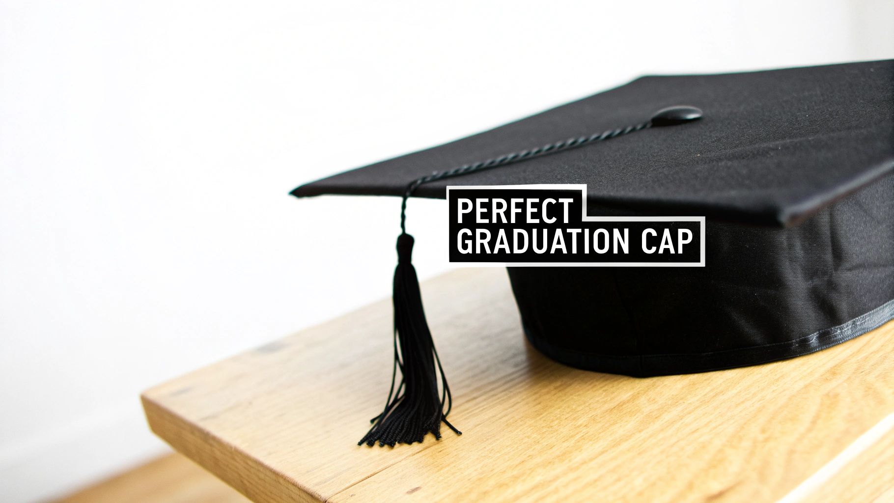 A perfect black graduation cap with a tassel sits on a light wooden table against a white wall.