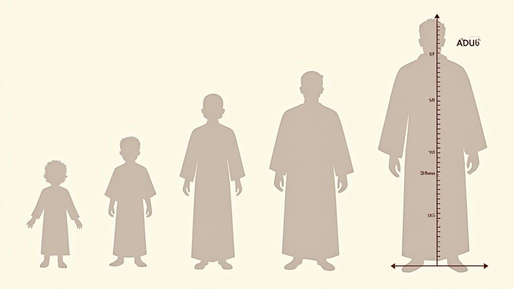 A visual showing five figures in robes, depicting growth stages from child to adult.