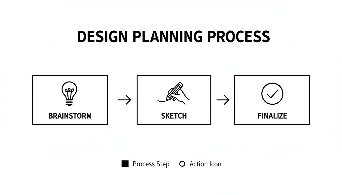A flowchart illustrating the design planning process with three sequential steps: Brainstorm, Sketch, and Finalize.