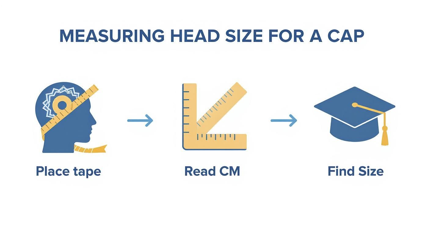 Infographic demonstrating how to measure head size for a cap using a tape measure and ruler.