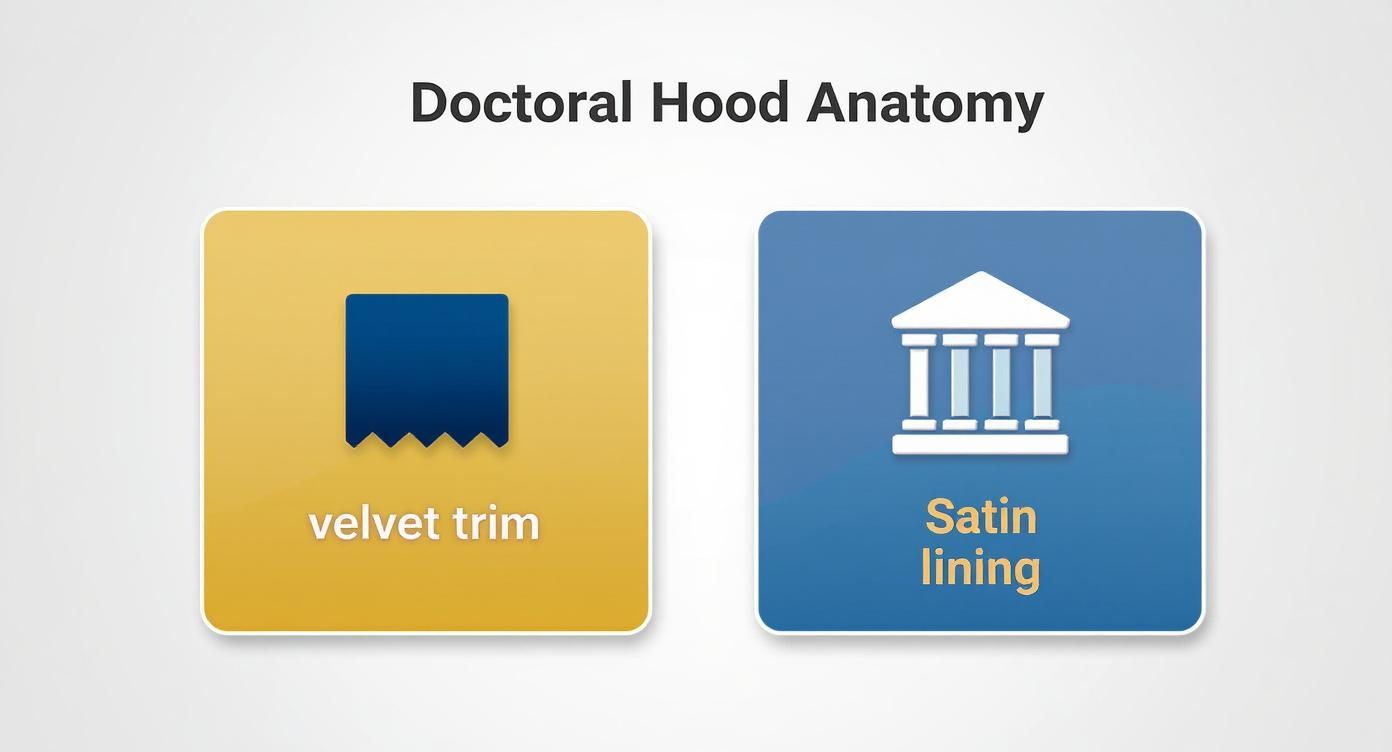Diagram explaining doctoral hood anatomy, featuring examples of velvet trim and satin lining materials.
