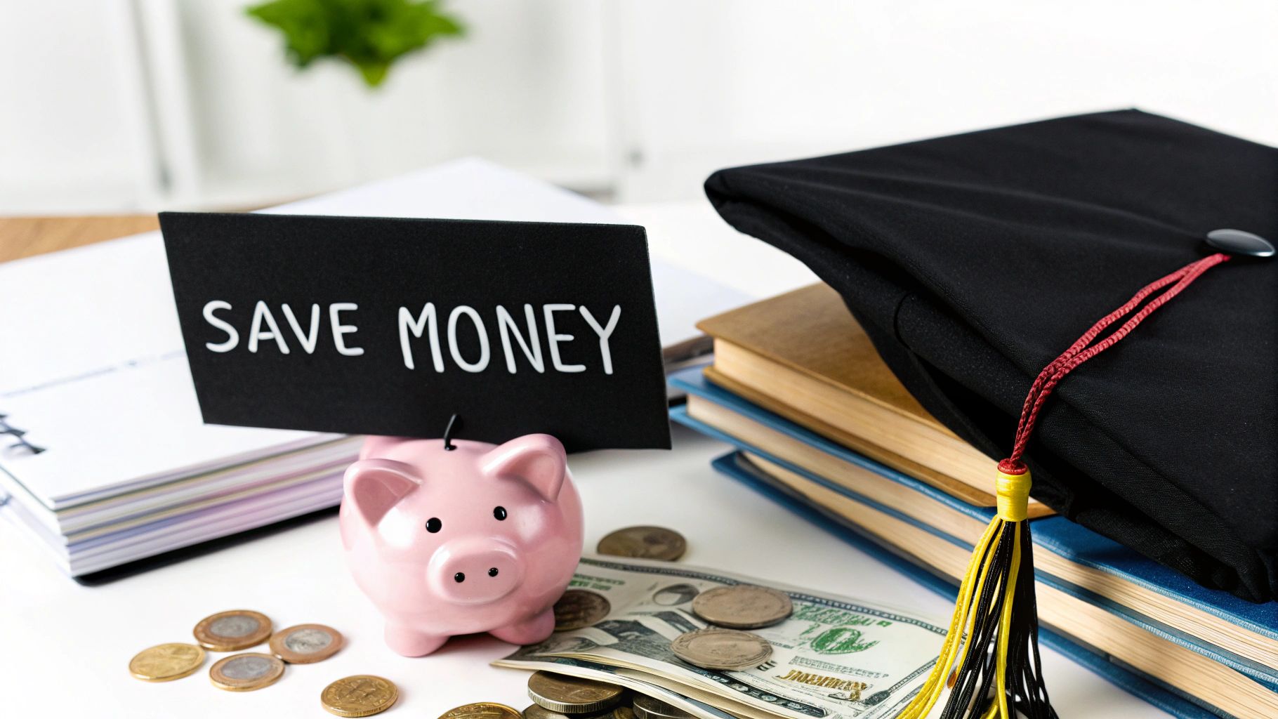 A piggy bank, money, and graduation cap with a "SAVE MONEY" sign, symbolizing education savings.