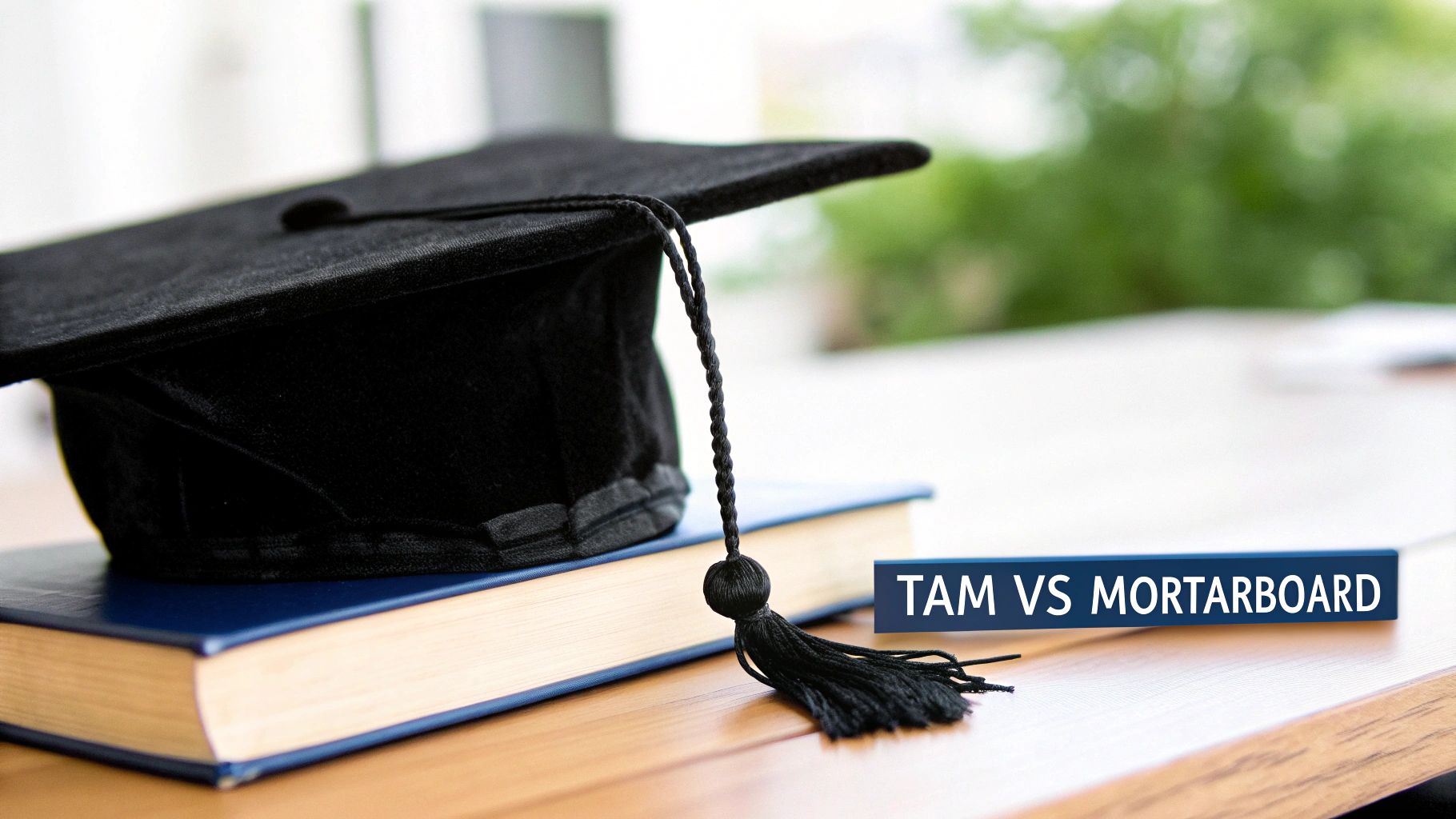 A black graduation cap and tassel placed on a blue textbook, with "TAM VS MORTARBOARD" text.
