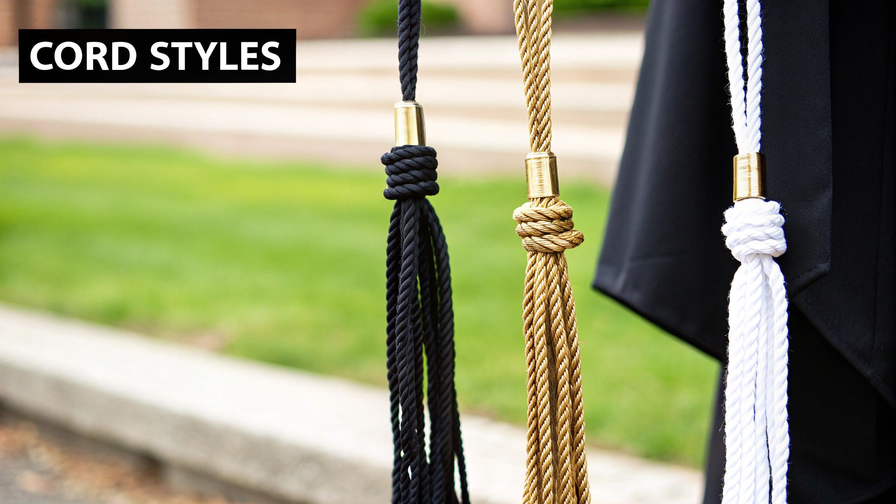 Close-up of three different colored graduation cords: black, gold, and white, showcasing various cord styles.