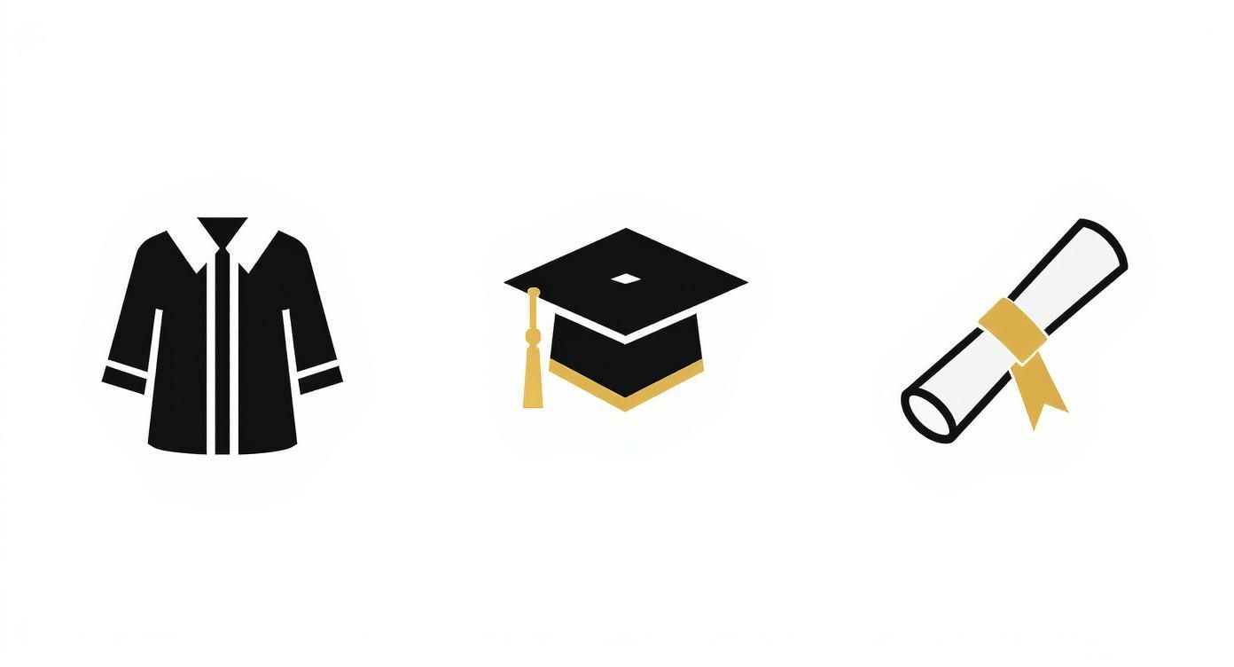 Three icons representing graduation: a gown, a cap with tassel, and a diploma scroll.
