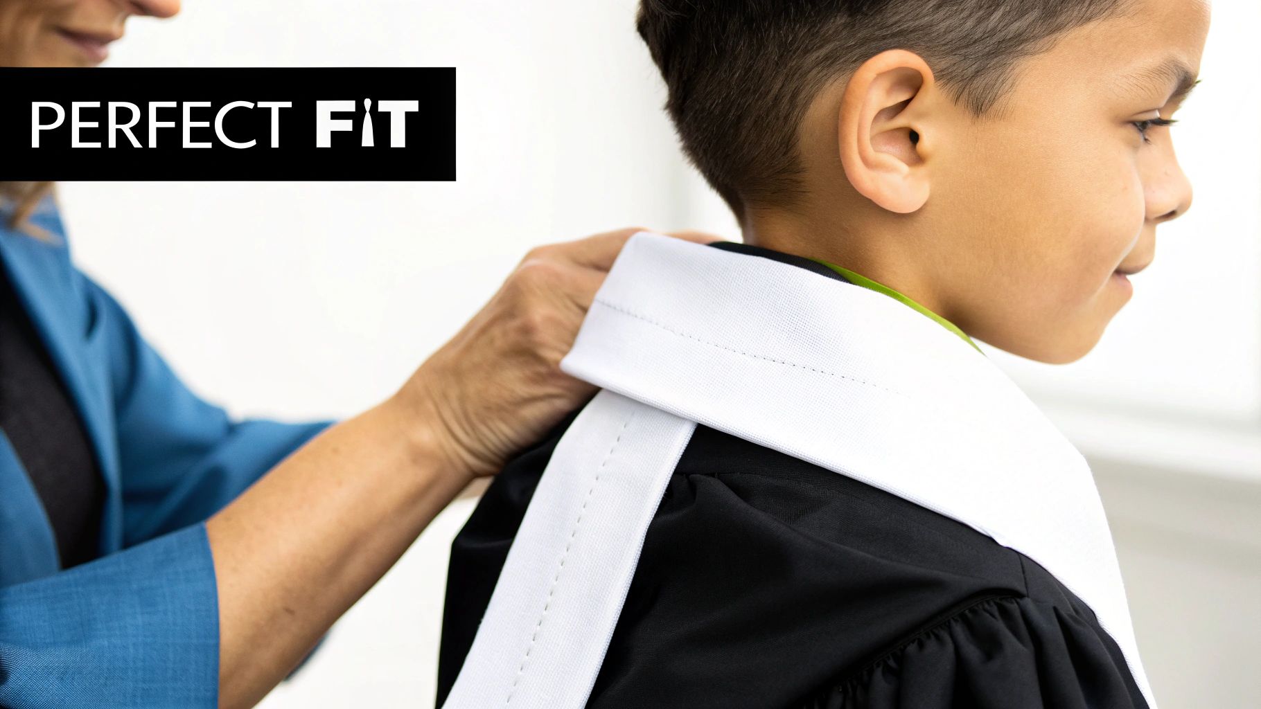 An adult's hands carefully adjust a white graduation stole on a young boy wearing a black gown.