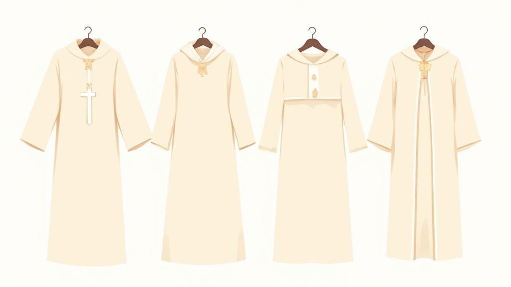 Four cream-colored religious or ceremonial robes, each with unique details like crosses or decorative collars, hanging on hangers.