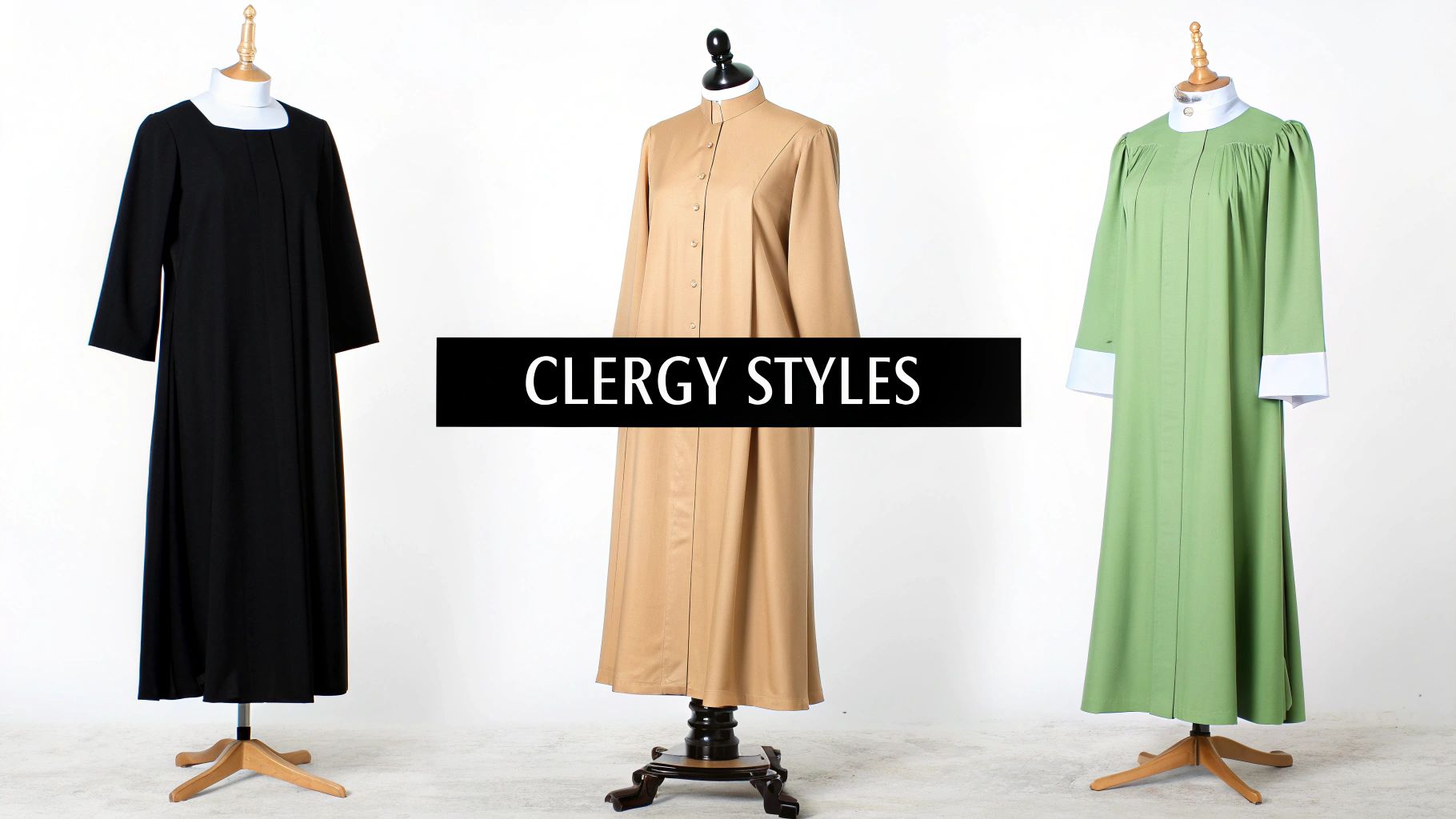 Three mannequins display various clergy dresses in black, tan, and green with distinct collars and details.