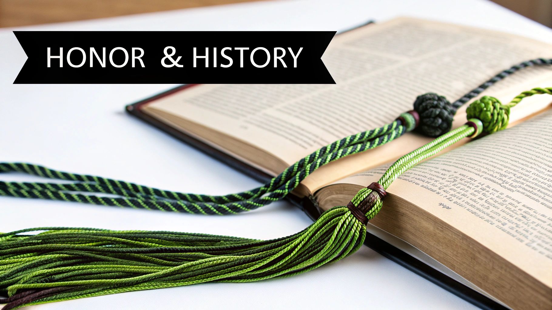 Green and black graduation honor cords with tassels draped over an open historical book.