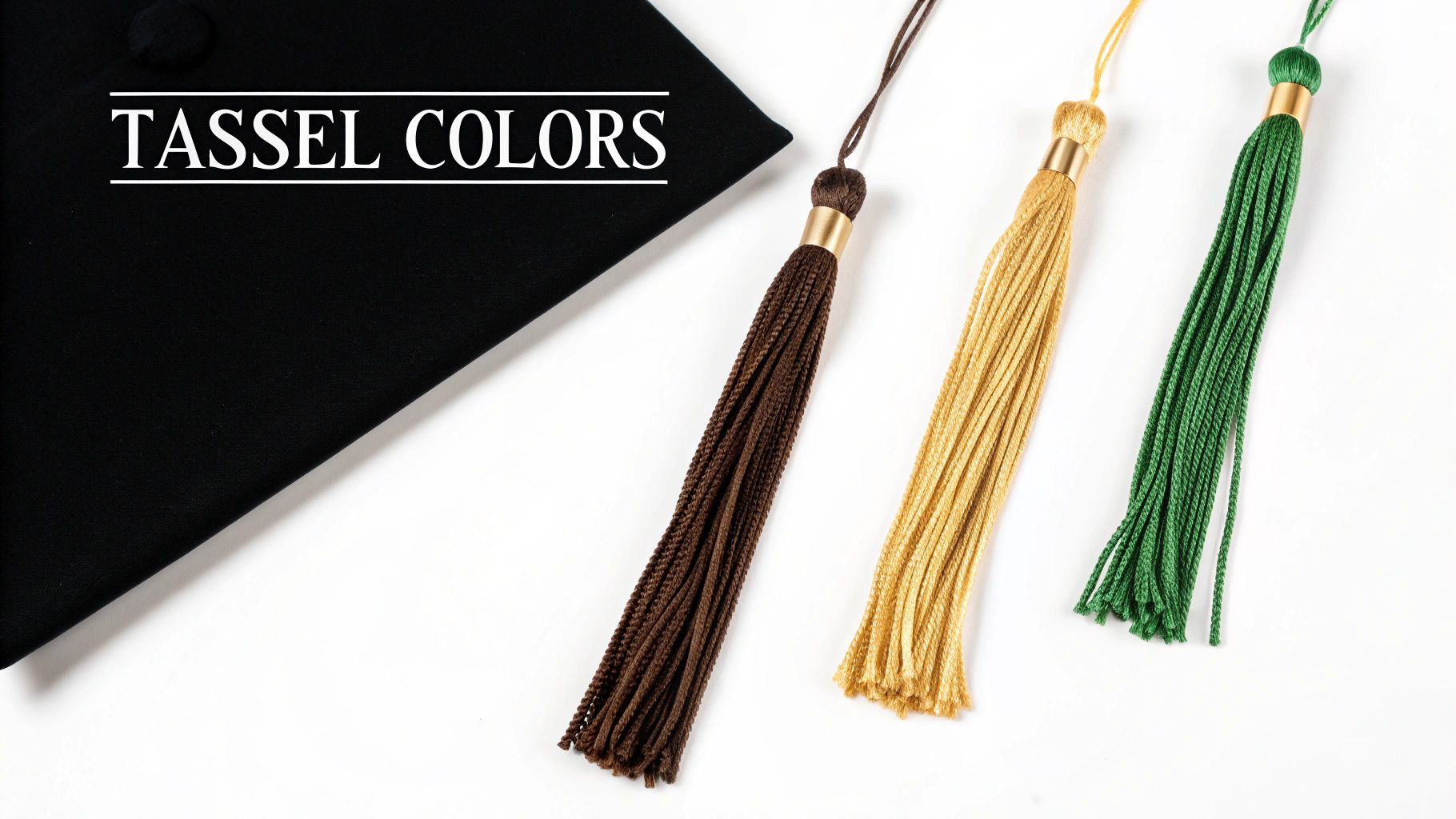A black graduation cap shown with three colorful tassels: brown, gold, and green, displayed on a white surface.