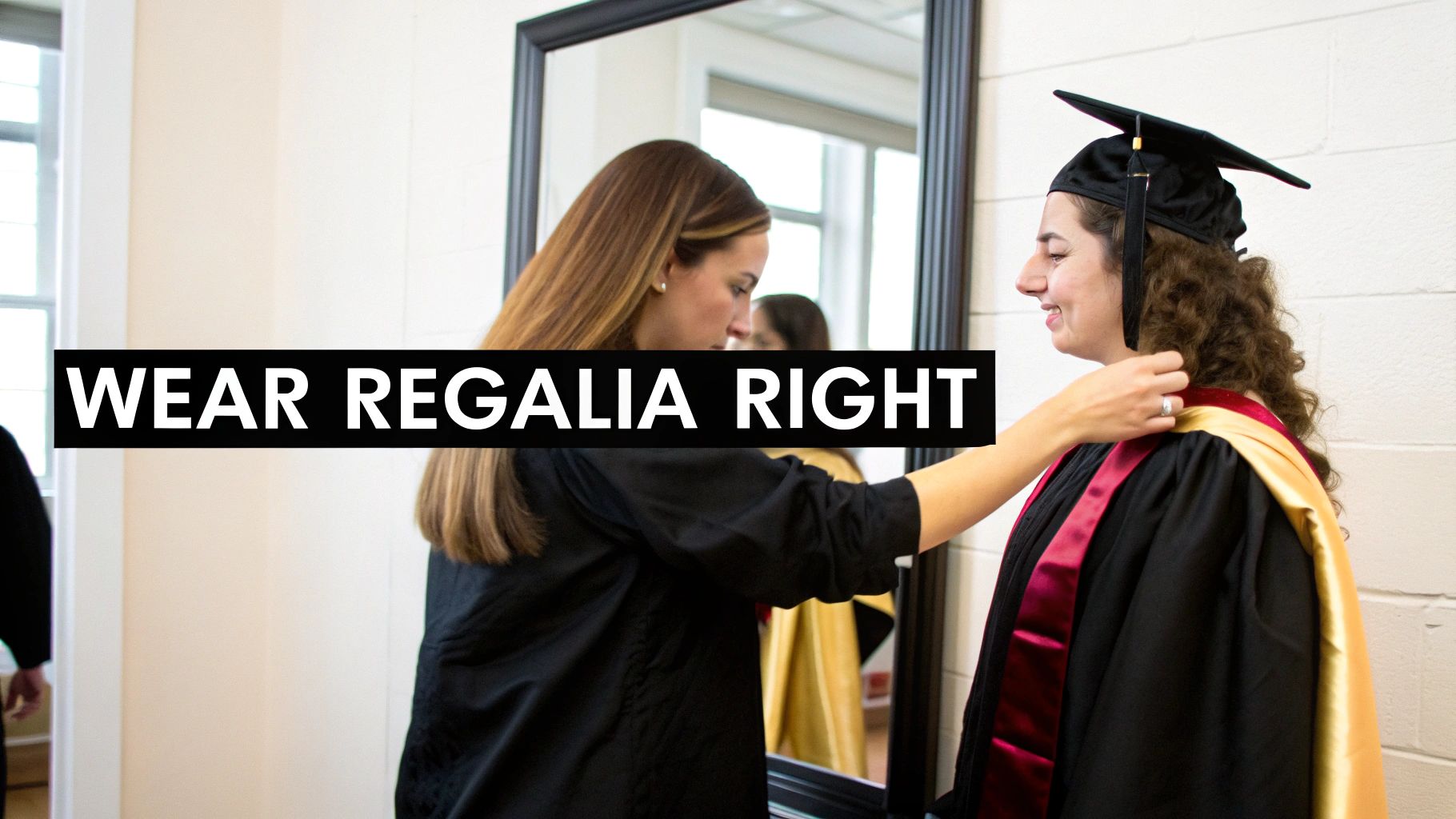 Woman helping graduate properly wear academic regalia with hood and graduation cap before ceremony