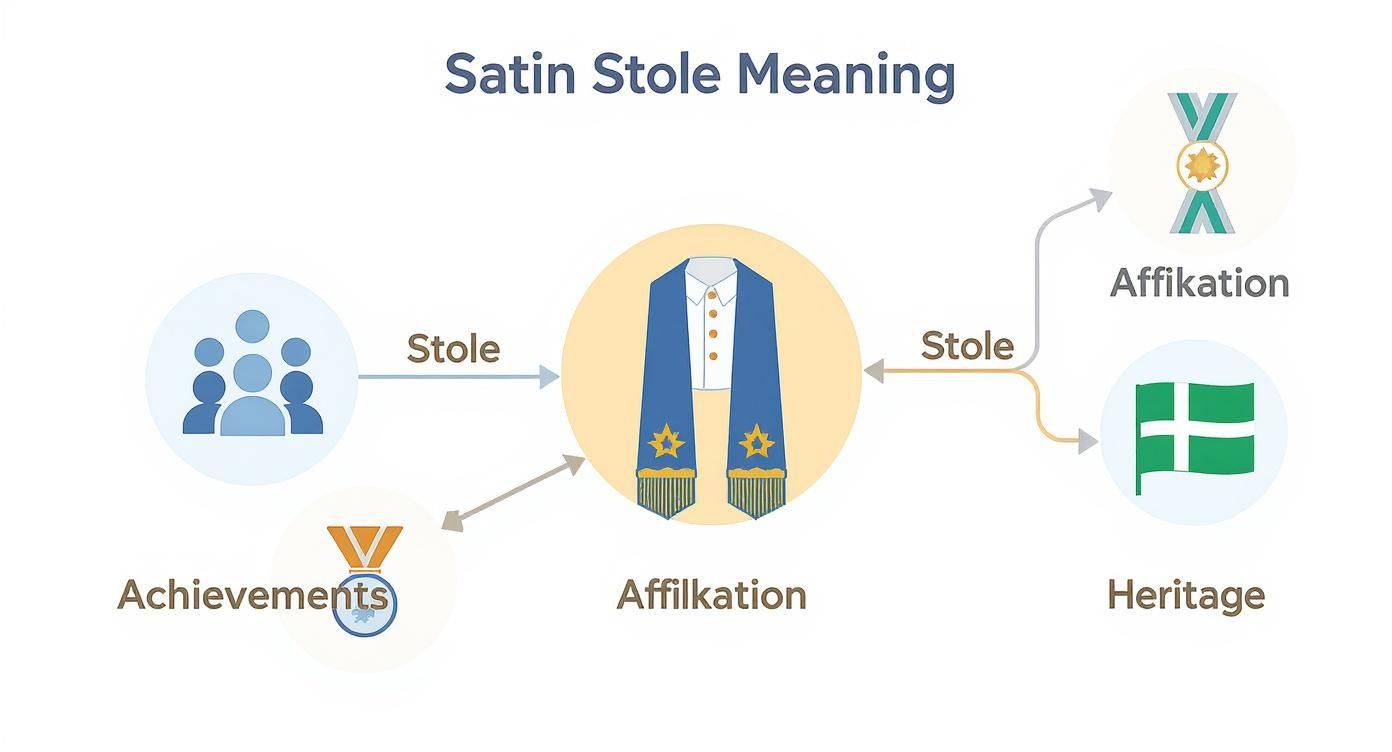 A diagram explaining satin stole meaning, representing affiliation, achievements, and heritage for graduates.