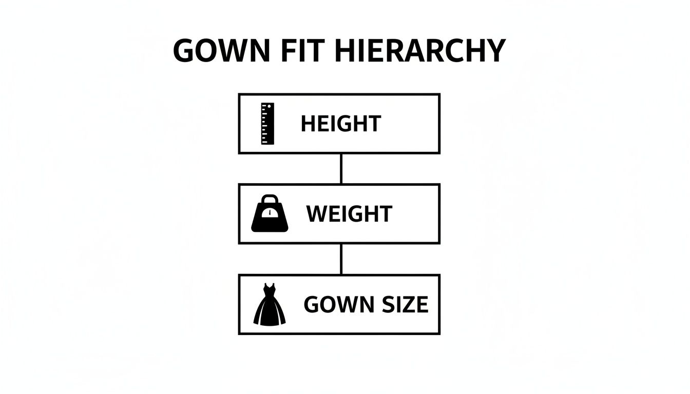 A Gown Fit Hierarchy diagram showing height, weight, and gown size in a sequential flow.