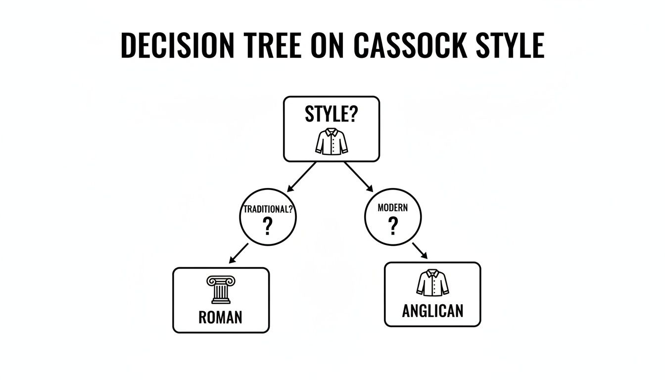 A decision tree flow chart about cassock styles, showing choices for Roman or Anglican cassocks.