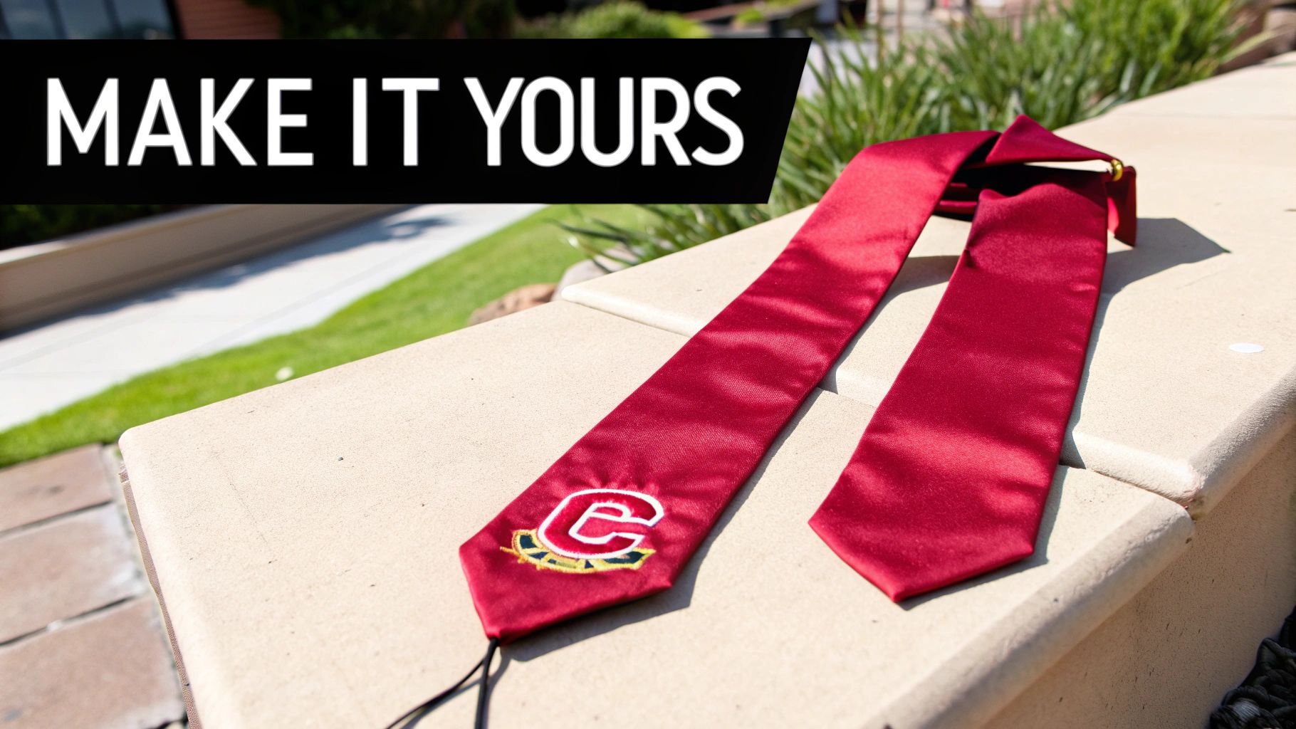 A vibrant red graduation stole with an embroidered 'C' logo rests on a light stone wall outdoors.