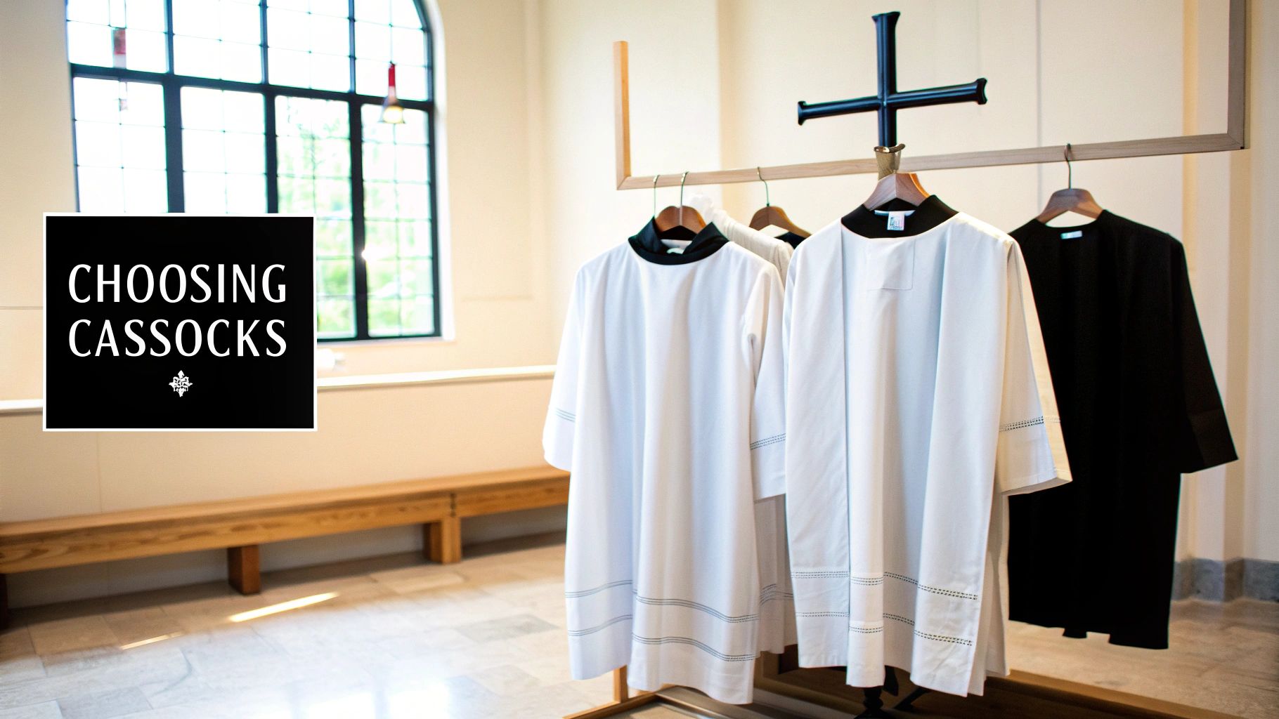 Clerical vestments, including white and black cassocks, hanging on a rack in a church setting.