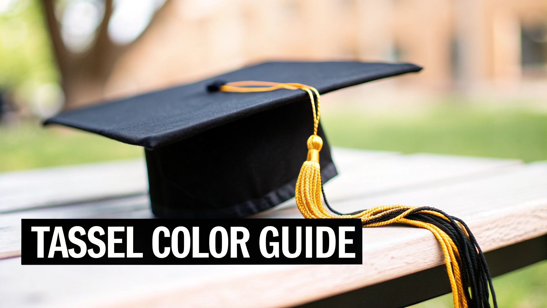 A black graduation cap with a golden tassel rests on a wooden surface, with text 'TASSEL COLOR GUIDE'.