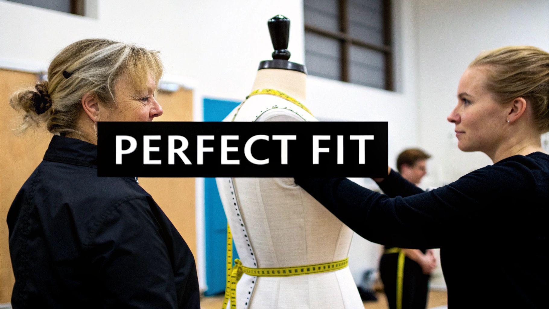 Two women work on a dress form with a measuring tape in a studio, with 'PERFECT FIT' text.