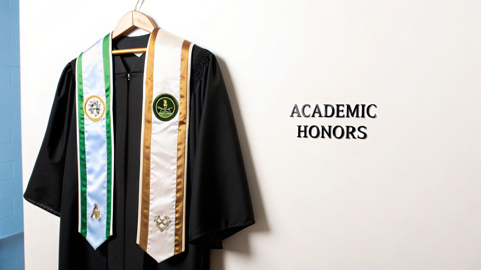 A black graduation gown displayed with academic honors stoles against a white wall.