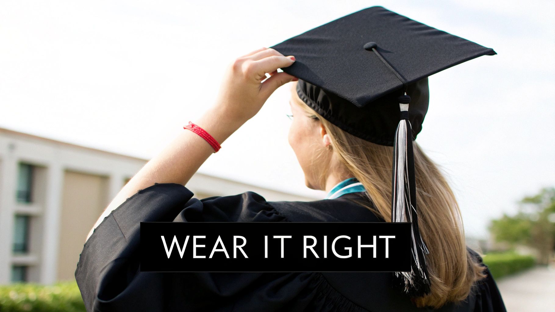 A graduate wearing a black cap and gown adjusts their cap from behind, with text 'WEAR IT RIGHT' overlaid.