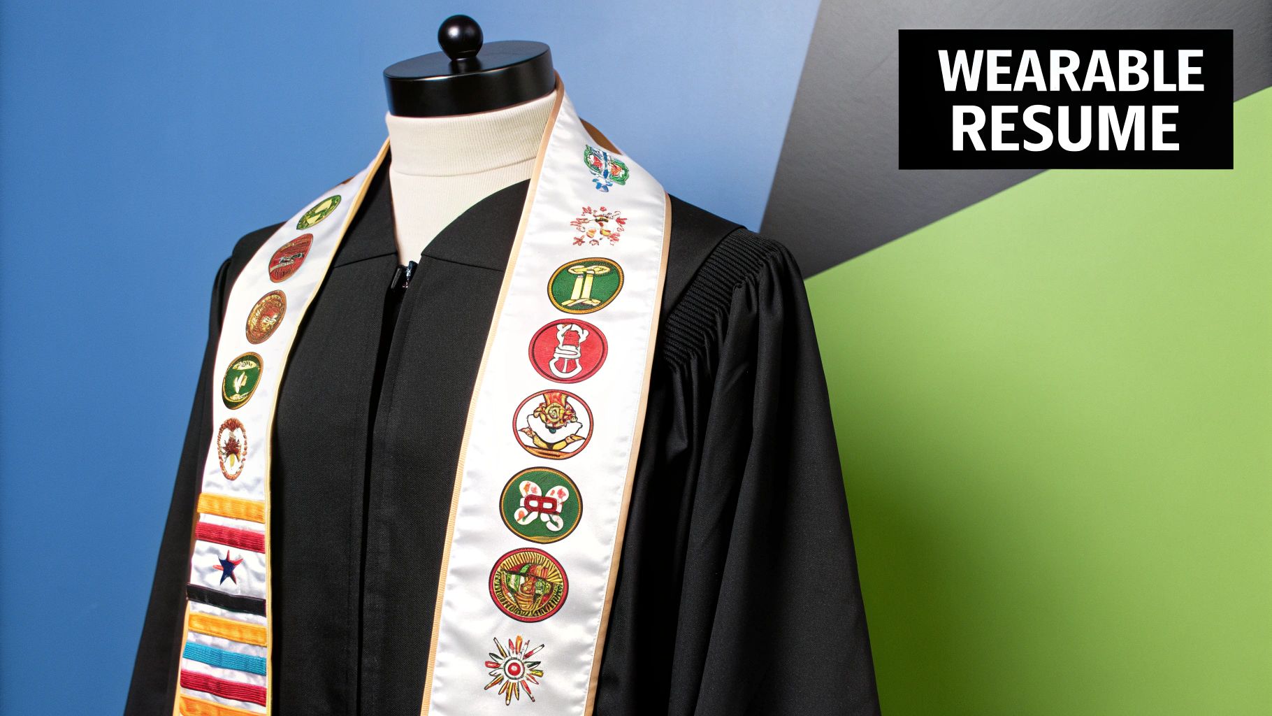 A group of diverse graduates smiling and wearing a variety of stoles over their gowns.