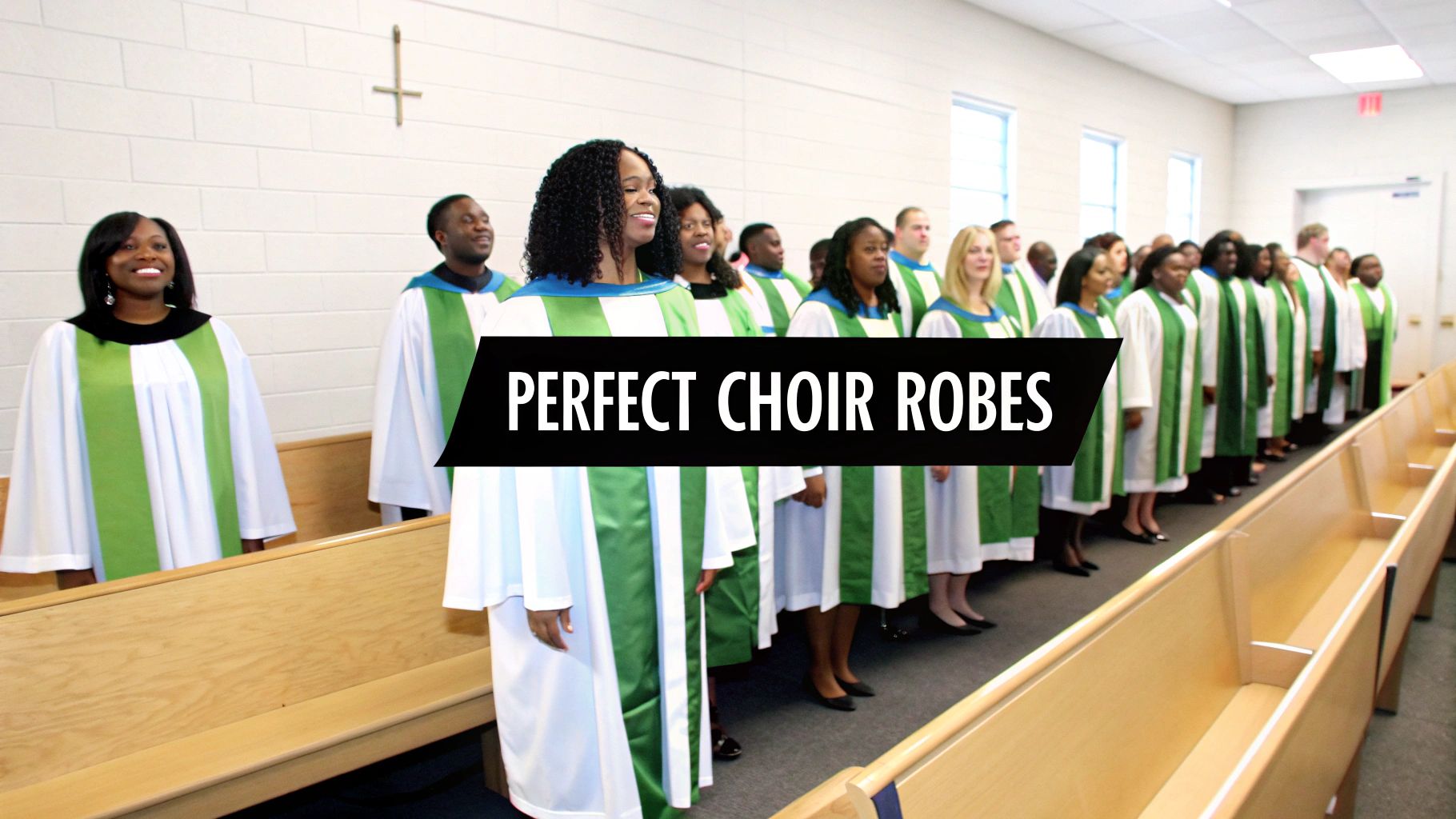 A diverse church choir wearing white robes with green stoles, standing in rows.