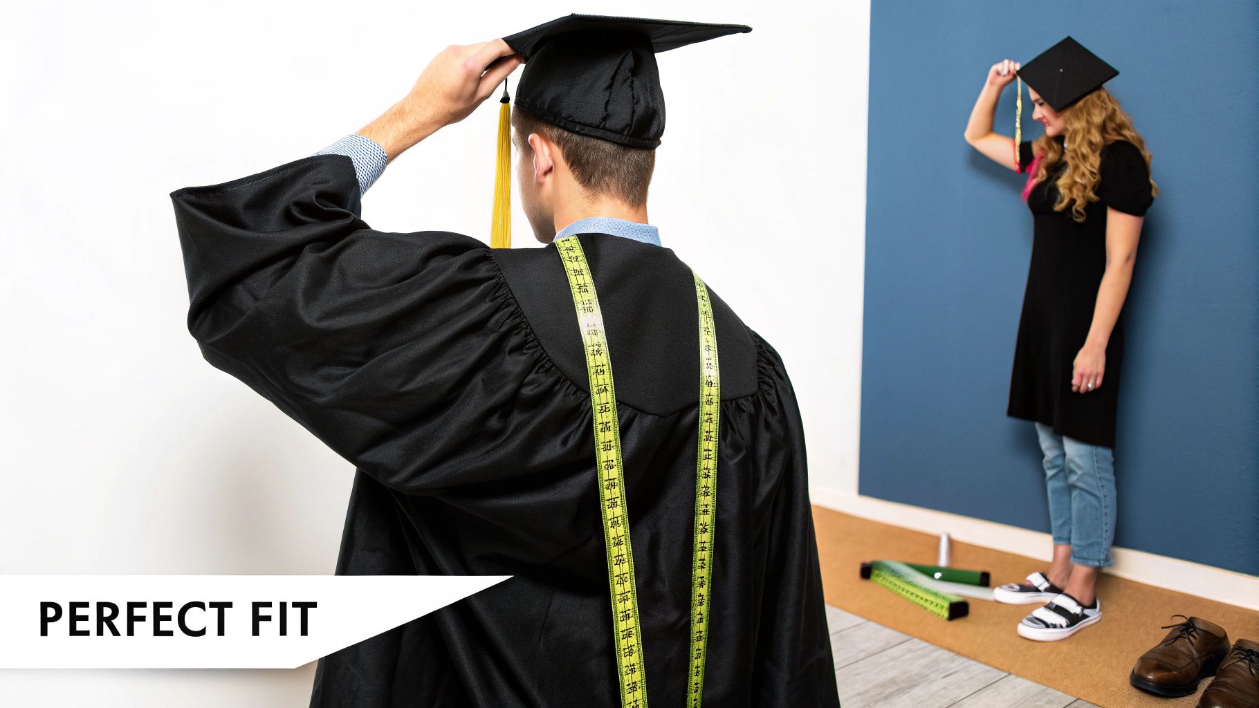 Graduate adjusting her graduation cap confidently.